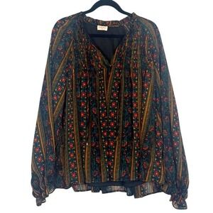 Hailey & Co Women 2X Boho Geometric Print Smocked Peasant Blouse PIT6998 Teal